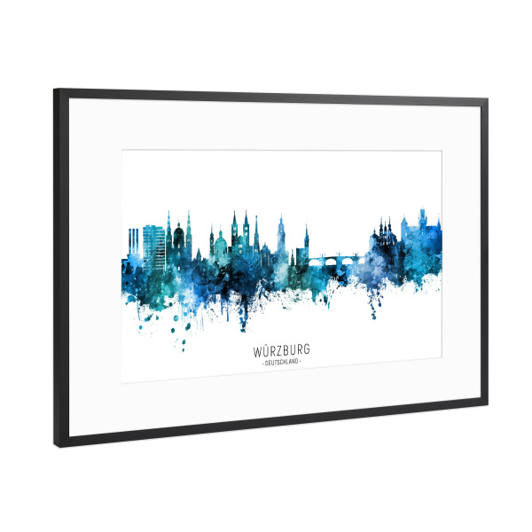Poster mit Rahmen Schwarz (Metallic) "Würzburg Skyline Blue Name" artboxONE - Städte