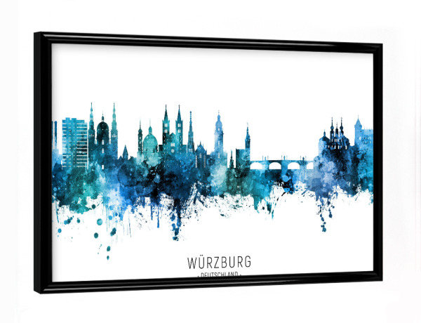 Poster mit schwarzem Rahmen "Würzburg Skyline Blue Name" artboxONE - Städte