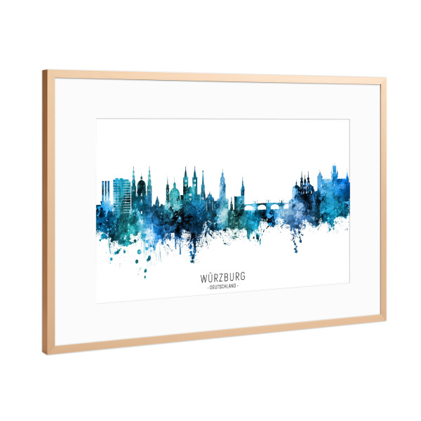 Poster mit Rahmen Kupfer "Würzburg Skyline Blue Name" artboxONE - Städte