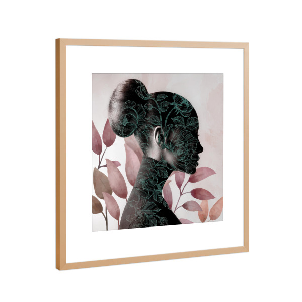 Poster mit Rahmen Kupfer "Girl on Leaves" artboxONE - Floral,Menschen - Woman,Girl,Collage,Flower,Female,Frau,Floral,Leaves,Blätter,Plant,Pflanze