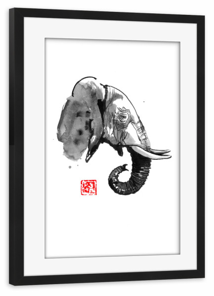 Poster mit Rahmen schwarz "Elephant face" artboxONE - Tiere - Elephant,Sumie,Japan,Elefant,Tier,Animal,Portrait,Wild,Schwarzweiß,Blackandwhite