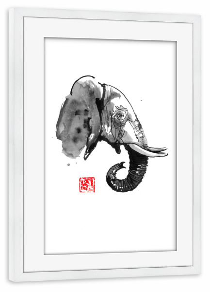 Poster mit Rahmen weiß "Elephant face" artboxONE - Tiere - Elephant,Sumie,Japan,Elefant,Tier,Animal,Portrait,Wild,Schwarzweiß,Blackandwhite