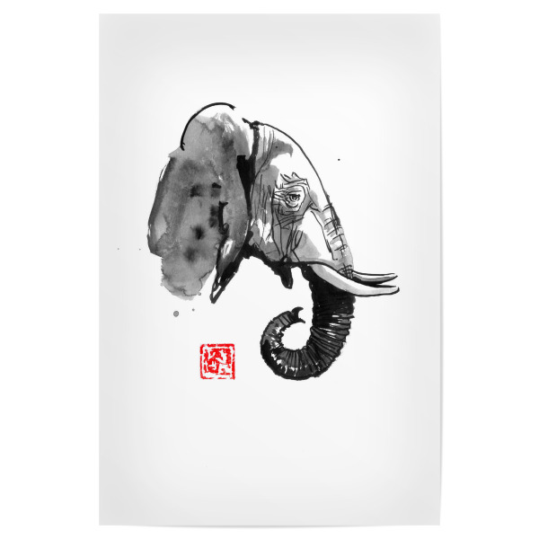 Poster 30x20 cm "Elephant face" artboxONE - Tiere - Elephant,Sumie,Japan,Elefant,Tier,Animal,Portrait,Wild,Schwarzweiß,Blackandwhite