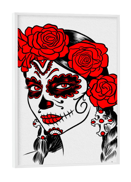 Poster mit weißem Rahmen "Dead Day" artboxONE - Fashion,Streetart - Girl,Roses,Rosa,Flower,Mex,Mexican,Dead,Skull,Blumen,Frau,Woman,Femle