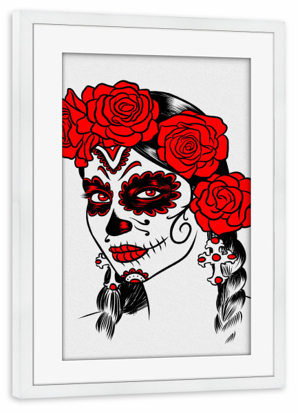 Poster mit Rahmen weiß "Dead Day" artboxONE - Fashion,Streetart - Girl,Roses,Rosa,Flower,Mex,Mexican,Dead,Skull,Blumen,Frau,Woman,Femle