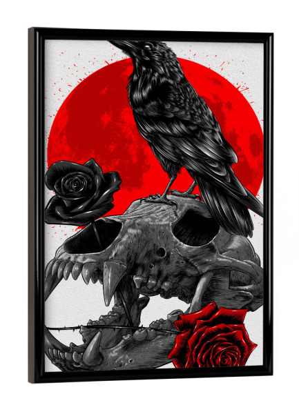 Poster mit schwarzem Rahmen "Raven Skull" artboxONE - Tiere - Crow,Raven,Halloween,Skull,Bear,Flower,Roses,Rabbe,Skelett,Bär,Totenkopf,Bird,Vogel