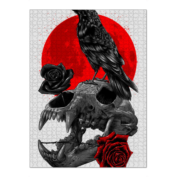 Puzzle Ravensburger "Raven Skull" artboxONE - Tiere - Crow,Raven,Halloween,Skull,Bear,Flower,Roses,Rabbe,Skelett,Bär,Totenkopf,Bird,Vogel