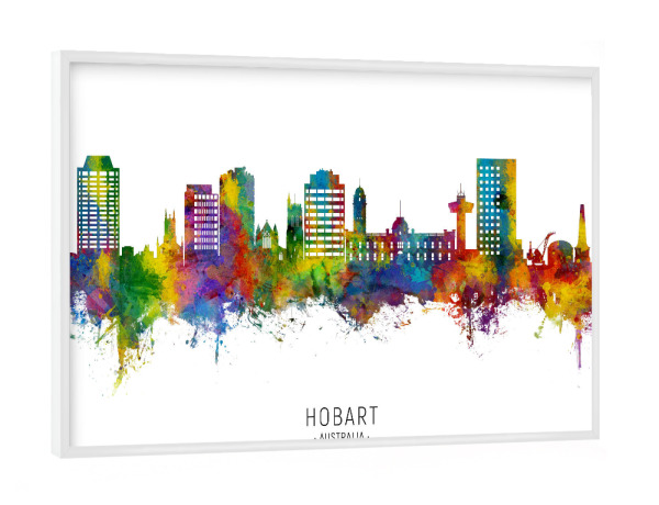 Poster mit weißem Rahmen "Hobart Australia Skyline txt" artboxONE - Städte