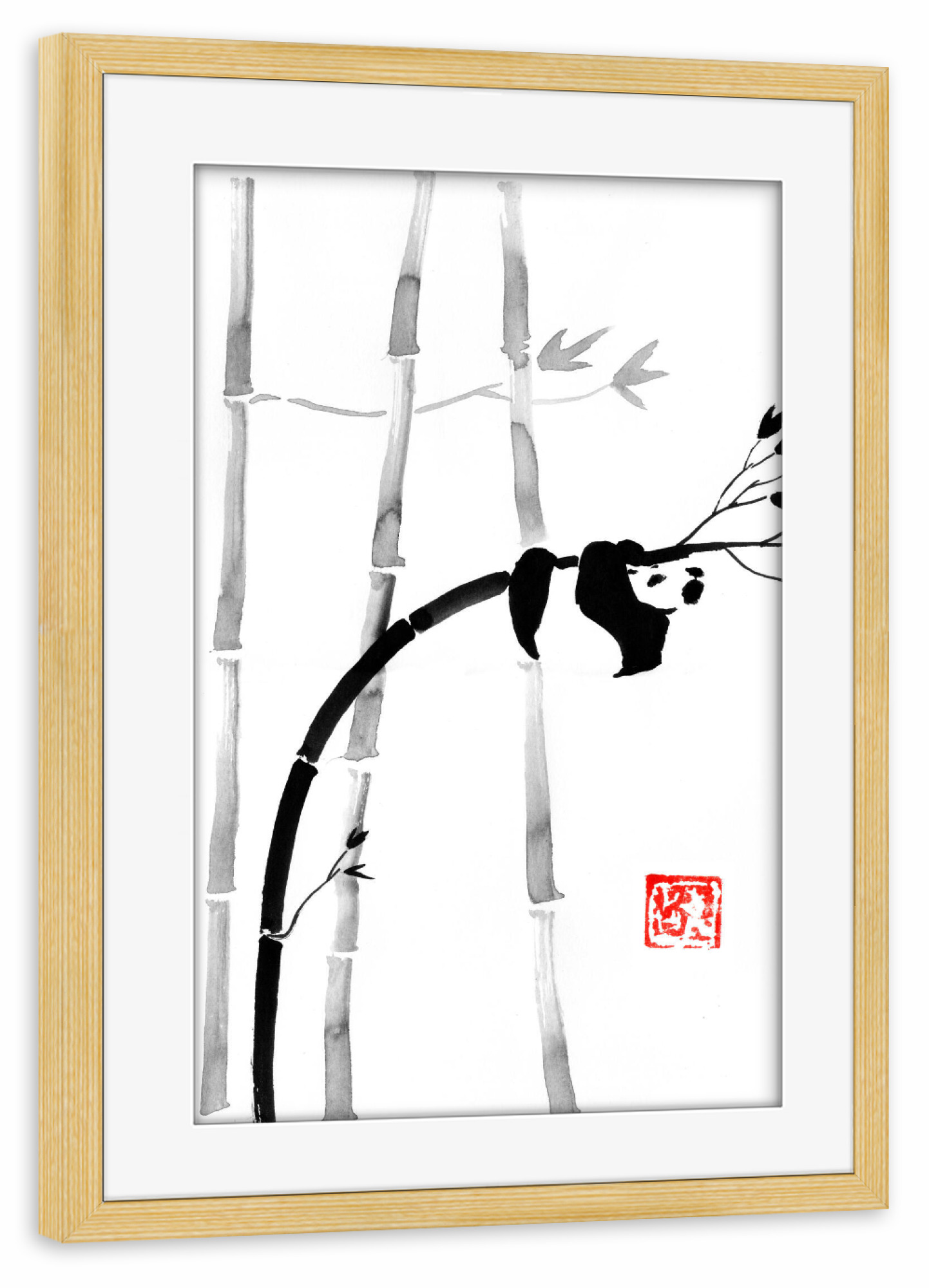 Poster mit Rahmen kiefer "Panda in a tree of bamboo" artboxONE - Natur,Tiere - Panda,Sumie,Japan,Bamboo,Bär,Bear,Natur,Nature,Bambus,Baum,Tree