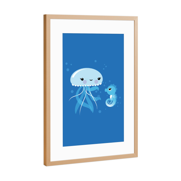 Poster mit Rahmen Kupfer "Beste Freunde Qualle und Seepferd" artboxONE - Für Kinder,Tiere,Unterwasser