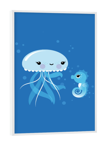 Poster mit weißem Rahmen "Beste Freunde Qualle und Seepferd" artboxONE - Für Kinder,Tiere,Unterwasser
