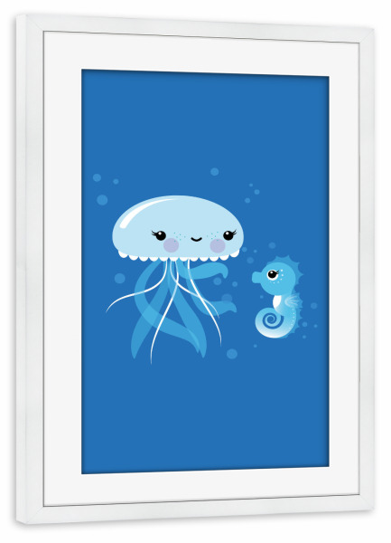 Poster mit Rahmen weiß "Beste Freunde Qualle und Seepferd" artboxONE - Für Kinder,Tiere,Unterwasser