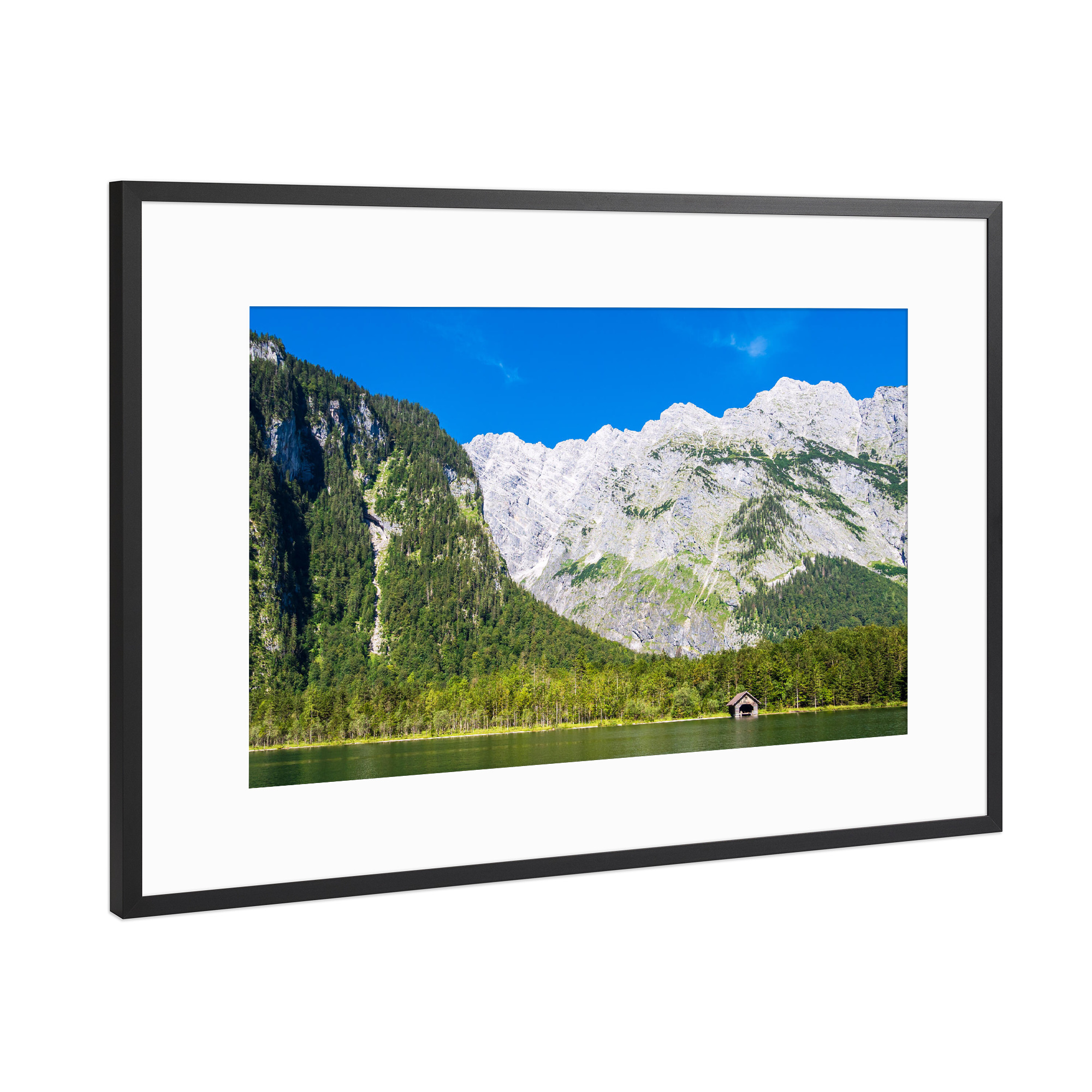 Poster mit Rahmen Schwarz (Metallic) "Bootshaus am Königssee" artboxONE - Natur,Reise