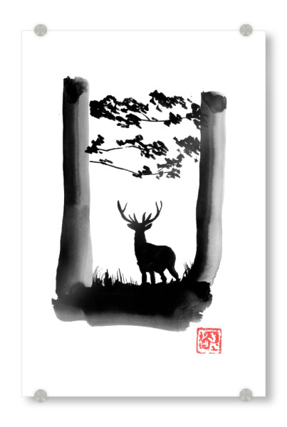 Acrylglasbild "Deer in the forest" artboxONE - Tiere - Deer,Sumie,Japan,Reh,Hirsch,Natur,Nature,Wald,Forest,Baum