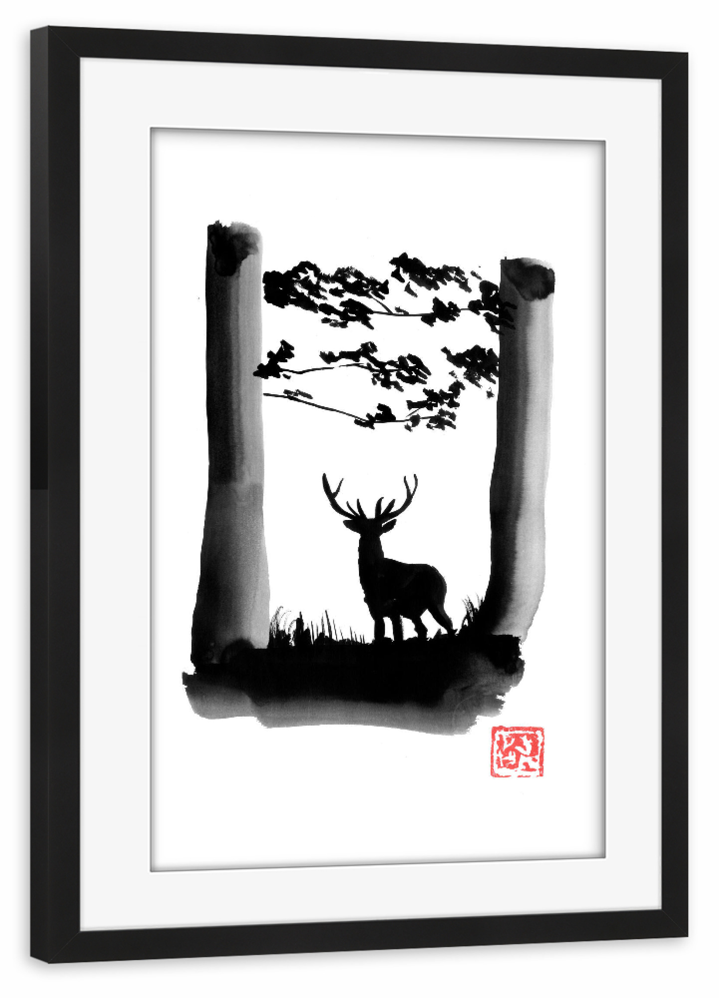 Poster mit Rahmen schwarz "Deer in the forest" artboxONE - Tiere - Deer,Sumie,Japan,Reh,Hirsch,Natur,Nature,Wald,Forest,Baum