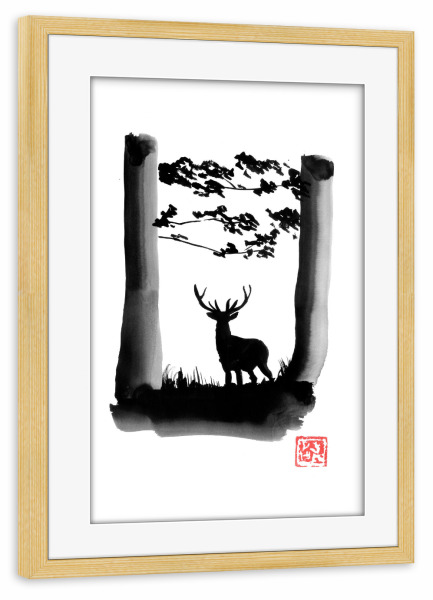 Poster mit Rahmen kiefer "Deer in the forest" artboxONE - Tiere - Deer,Sumie,Japan,Reh,Hirsch,Natur,Nature,Wald,Forest,Baum