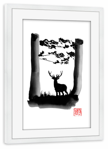 Poster mit Rahmen weiß "Deer in the forest" artboxONE - Tiere - Deer,Sumie,Japan,Reh,Hirsch,Natur,Nature,Wald,Forest,Baum