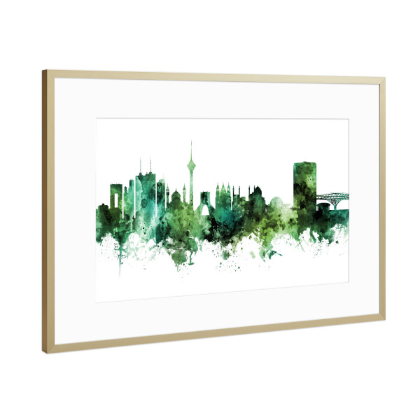 Poster mit Rahmen Gold "Tehran Iran Skyline Green" artboxONE - Städte