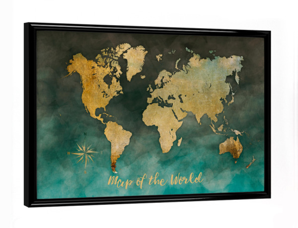 Poster mit schwarzem Rahmen "Map of the world gold green" artboxONE - Reise,Kartografie