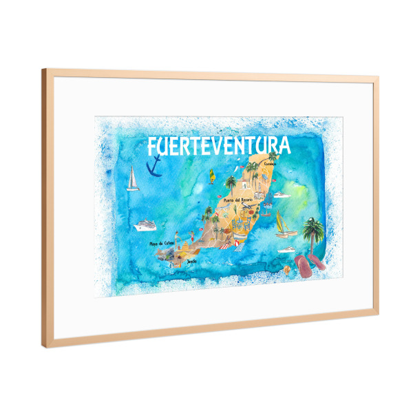 Poster mit Rahmen Kupfer "Fuerteventura Illustrierte Karte" artboxONE - Reise,Reise / Strand und Meer,Kartografie