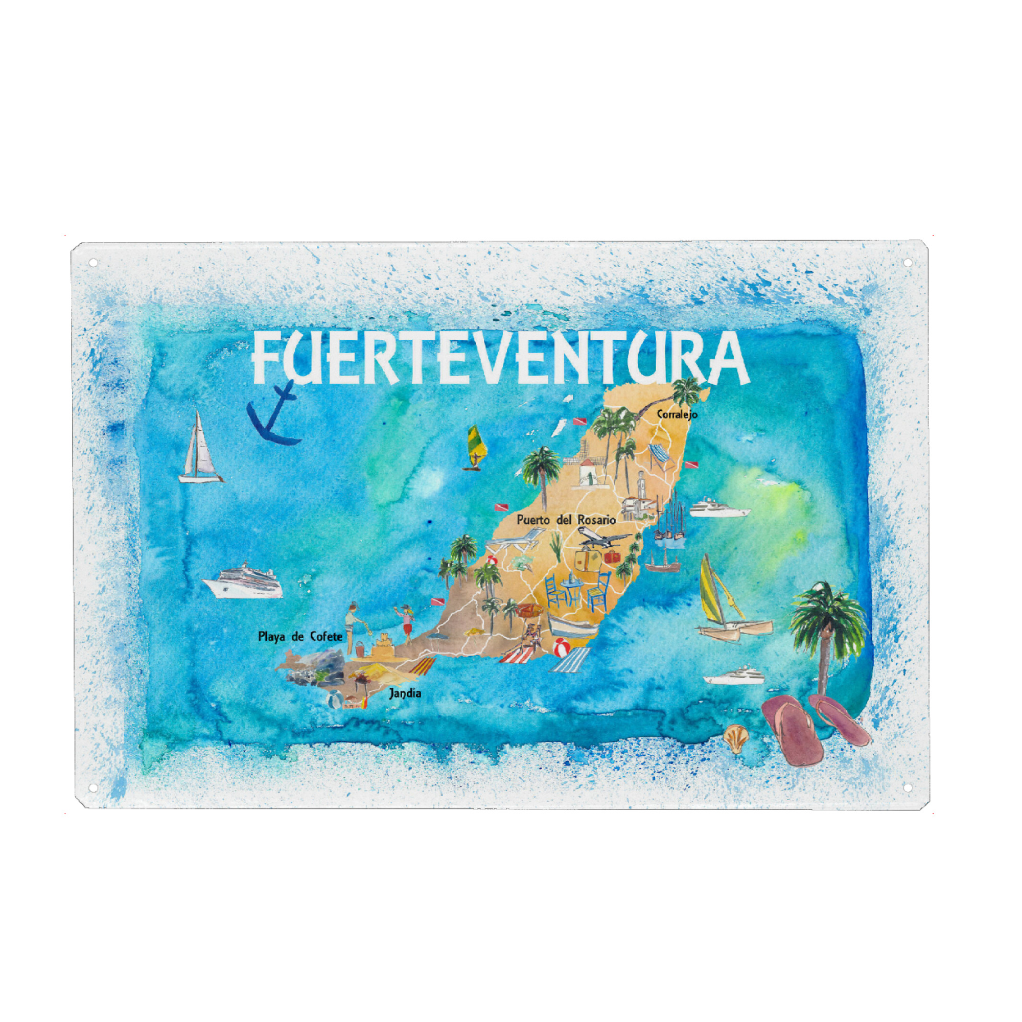 Holzbild "Fuerteventura Illustrierte Karte" artboxONE - Reise,Reise / Strand und Meer,Kartografie