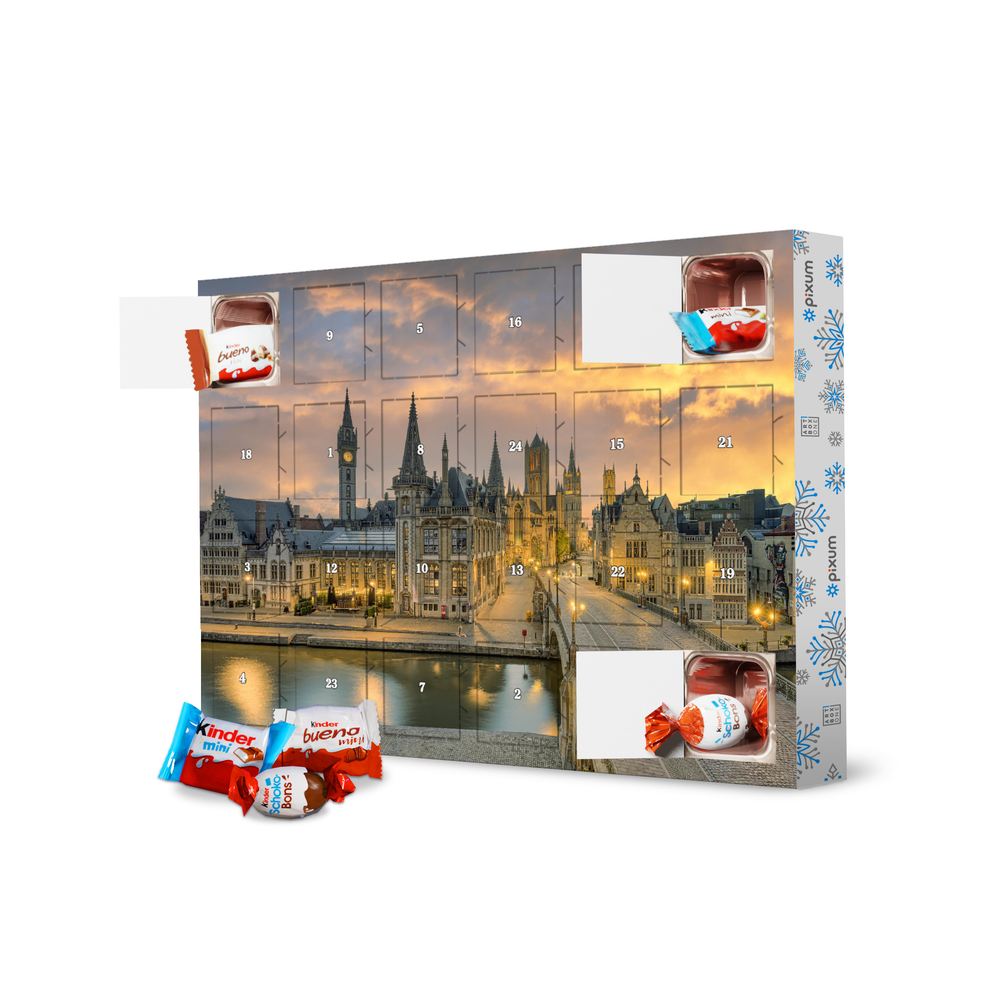 Adventskalender mit Produkten von Kinder Gent in Belgien artboxONE Adventskalender Städte