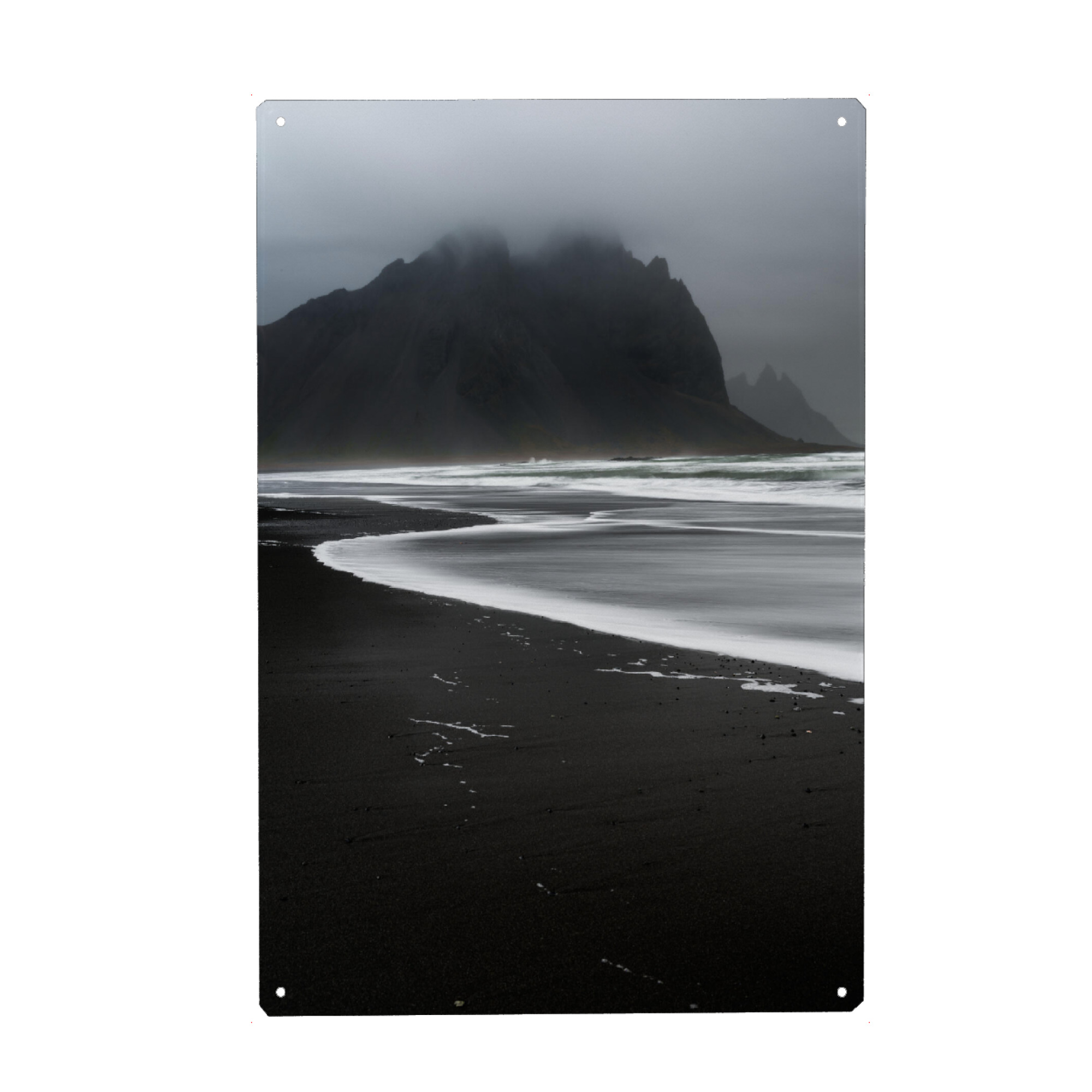 Metall Poster "Stokksnes bw" artboxONE - Natur,Reise - Stokksnes,Mountain,Clouds,Ocean,White,Iceland,Black,Sand,Shore,Waves,Natur,Nature,Berge