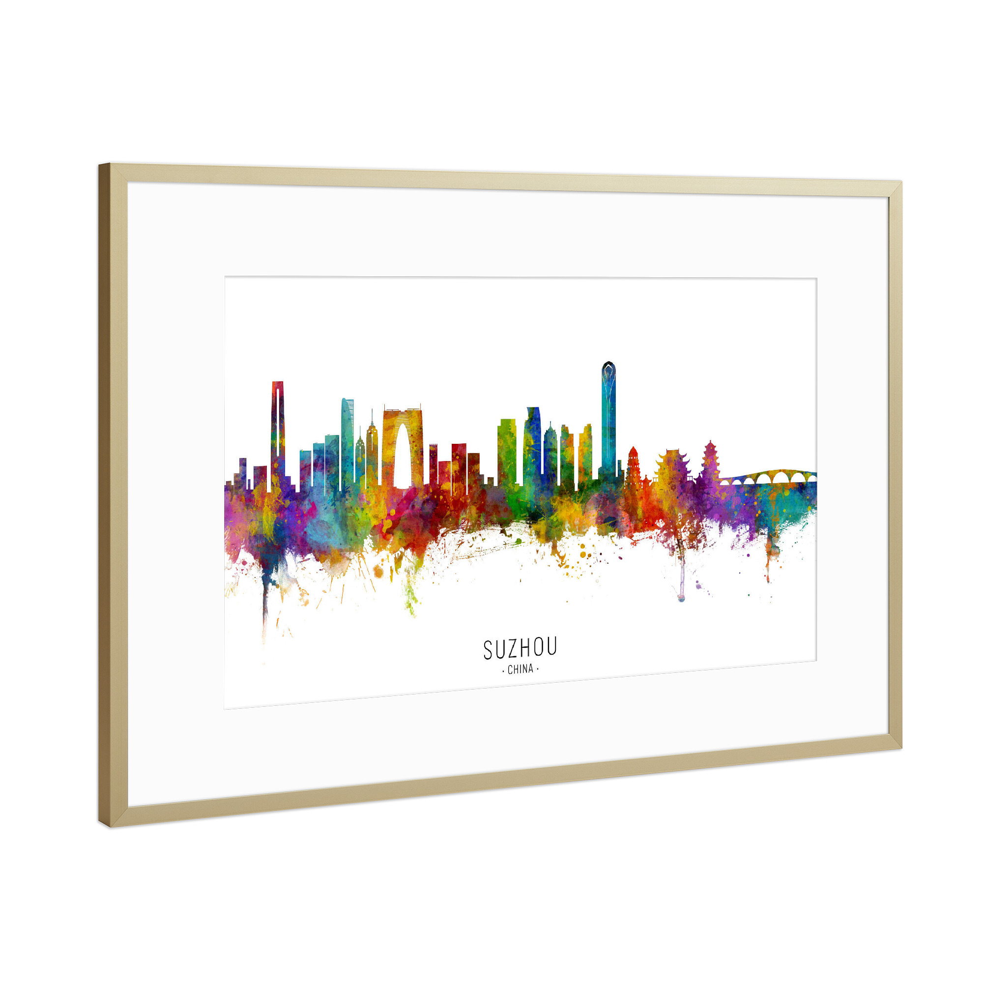 Poster mit Rahmen Gold "Suzhou China Skyline txt" artboxONE - Städte