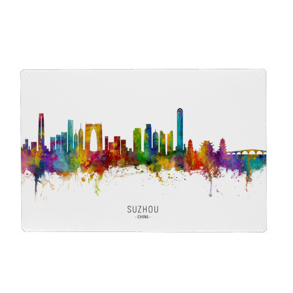 Holzbild "Suzhou China Skyline txt" artboxONE - Städte - Suzhou,China,Skyline,Cityscape,Stadtbild,Watercolor,Painting,City,Stadt,Colorful,Bunt