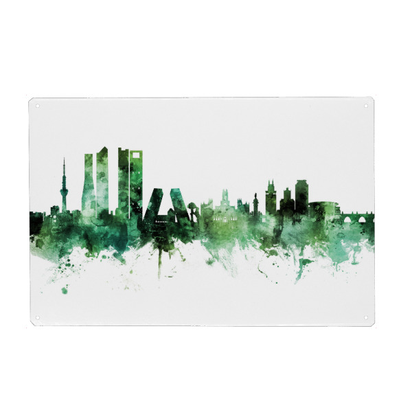 Metall Poster "Madrid Spain Skyline Green" artboxONE - Städte - Madrid,Spain,Skyline,Cityscape,Stadtbild,Watercolor,City,Stadt,Spanien,Green,Grün
