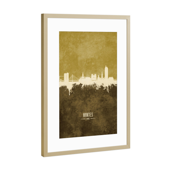 Poster mit Rahmen Gold "Nantes France Skyline Brown" artboxONE - Städte