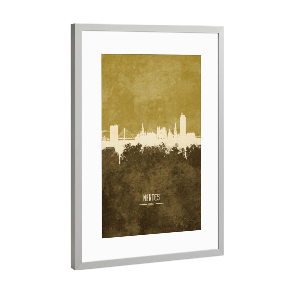 Poster mit Rahmen Silber "Nantes France Skyline Brown" artboxONE - Städte