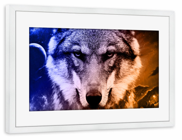 Poster mit Rahmen weiß "Wolf Galaxy I (matart)" artboxONE - Natur,Tiere,Galaxy