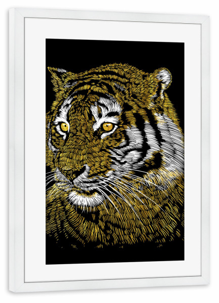 Poster mit Rahmen weiß "Gold Tiger" artboxONE - Tiere - Tiger,Predator,Feline,Cat,Sketch,Wild,Savage,Golden,Animal,Tier,Gold,Portrait