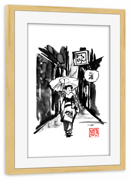 Poster mit Rahmen kiefer "Edo street" artboxONE - Natur,Menschen - Edo,Geisha,Sumie,Japan,City,Stadt,Schwarzweiß,Blackandwhite,Frau,Woman,Female