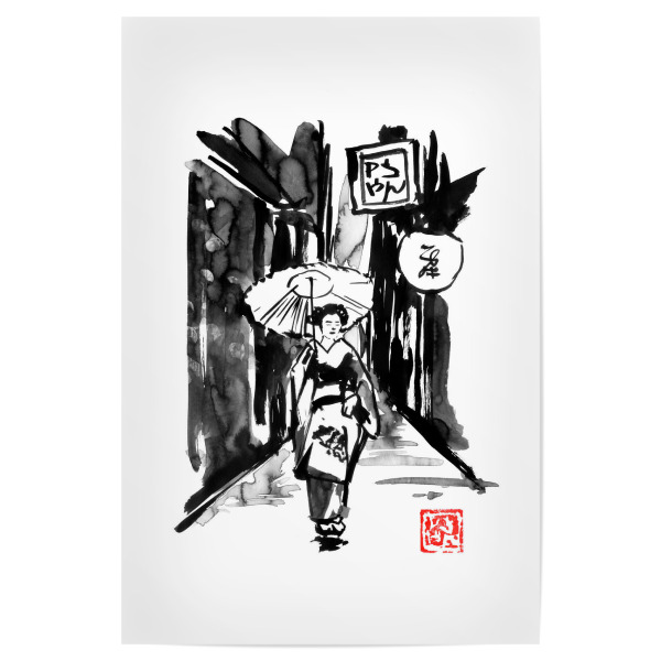 Poster "Edo street" artboxONE - Natur,Menschen - Edo,Geisha,Sumie,Japan,City,Stadt,Schwarzweiß,Blackandwhite,Frau,Woman,Female