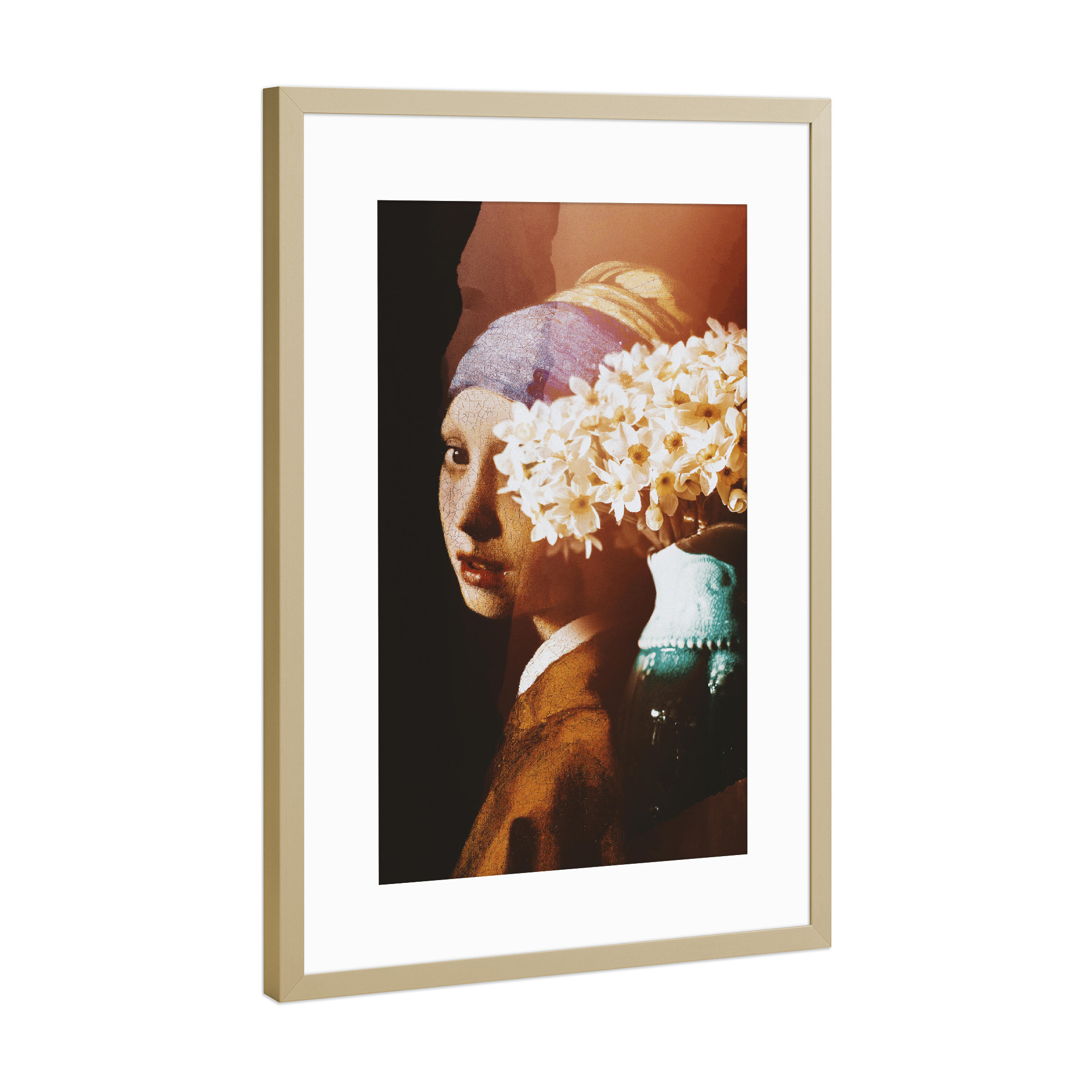 Poster mit Rahmen Gold "Girl with a Pearl Earring Collage" artboxONE - Floral,Menschen
