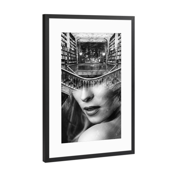 Poster mit Rahmen Schwarz (Metallic) "Girl in the library" artboxONE - Menschen,Schwarzweiß,Architektur