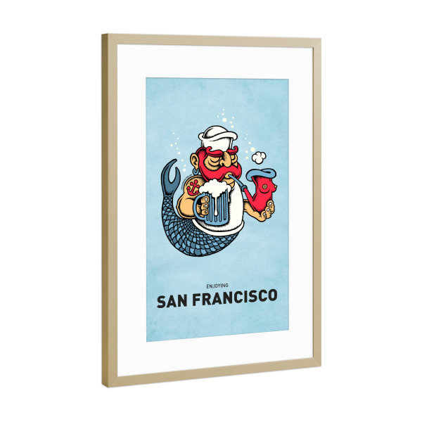 Poster mit Rahmen Gold "San Francisco Sailor Mermaid" artboxONE - Städte,Reise,Streetart,Städte / San Francisco,Lustig