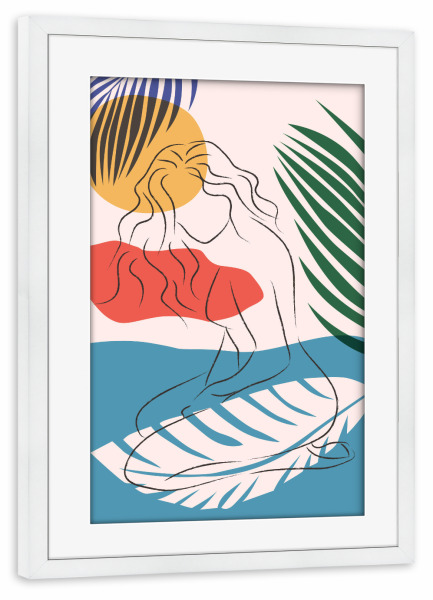 Poster mit Rahmen weiß "Beach Girl Maria" artboxONE - Natur,Menschen - Minimalist,Summer,Sea,Beach,Girl,Woman,Frau,Leaves,Blätter,Colorful,Bunt