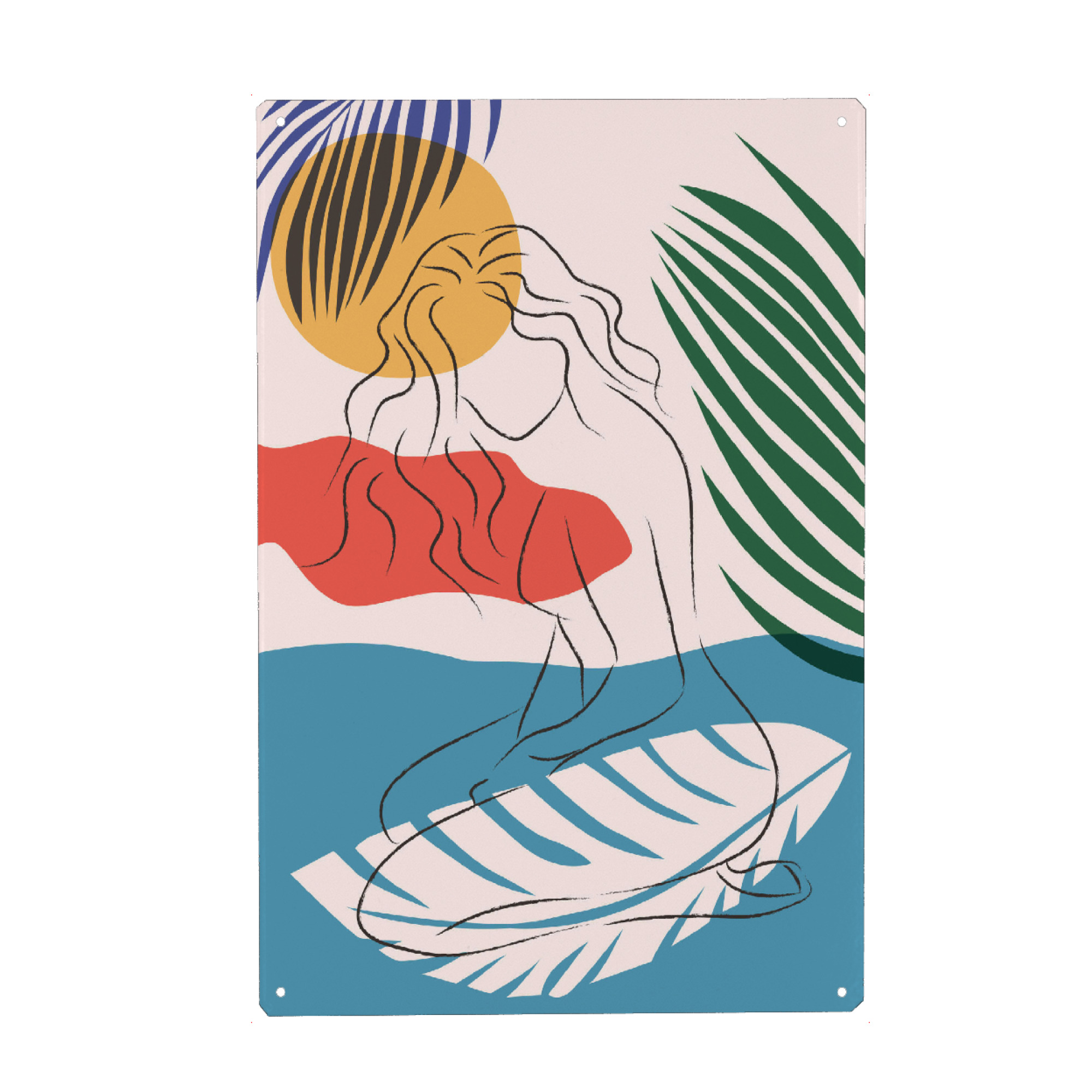 Metall Poster "Beach Girl Maria" artboxONE - Natur,Menschen - Minimalist,Summer,Sea,Beach,Girl,Woman,Frau,Leaves,Blätter,Colorful,Bunt - Blechschild