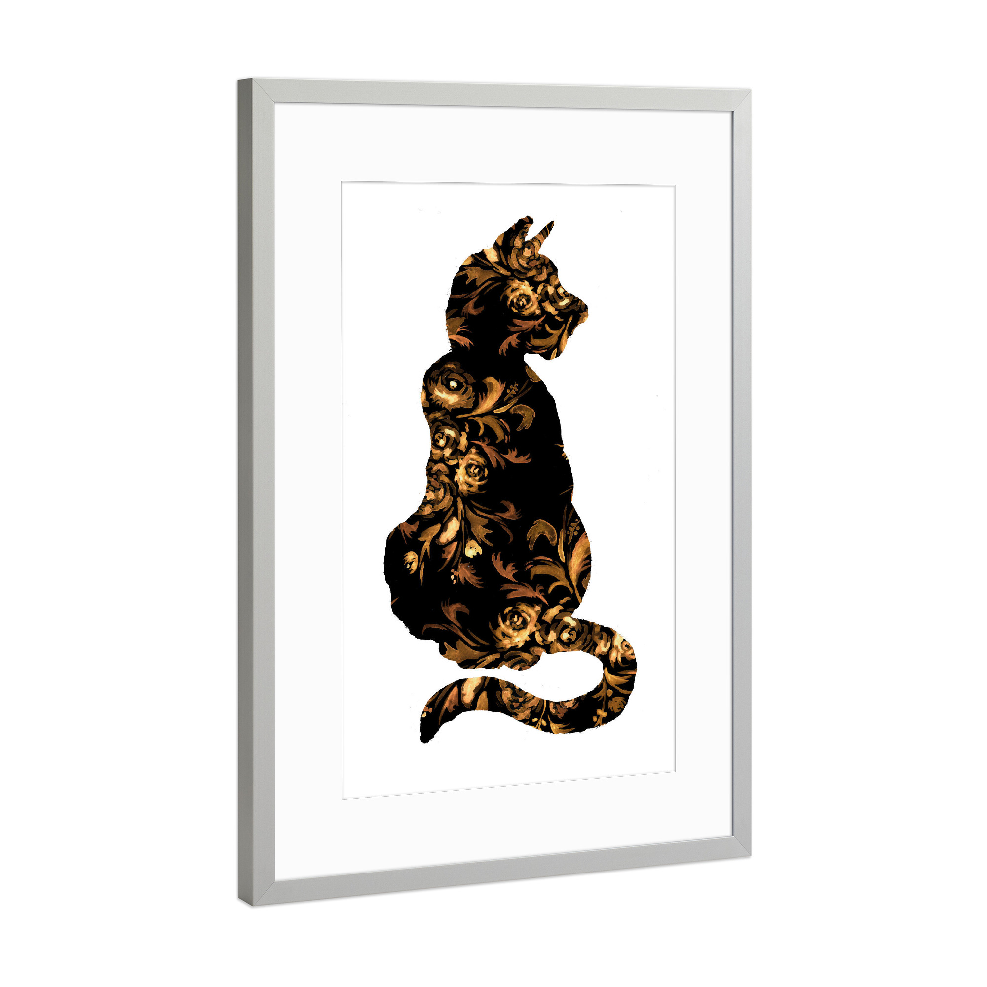 Poster mit Rahmen Silber "Black and Golden Flower Cat" artboxONE - Floral,Tiere