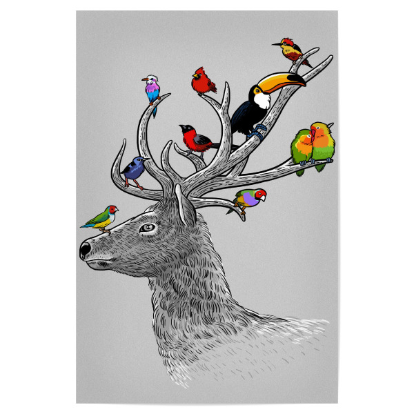 Poster "Tropical birds deer" artboxONE - Tiere - Birds,Deer,Horns,Tropical,Parrot,Macaw,Toucan,Animals,Tiere,Reh,Hirsch,Vögel
