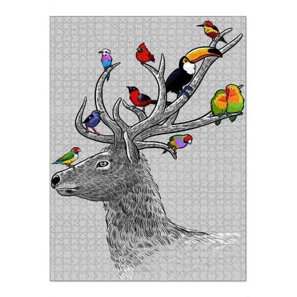 Puzzle Ravensburger "Tropical birds deer" artboxONE - Tiere - Birds,Deer,Horns,Tropical,Parrot,Macaw,Toucan,Animals,Tiere,Reh,Hirsch,Vögel