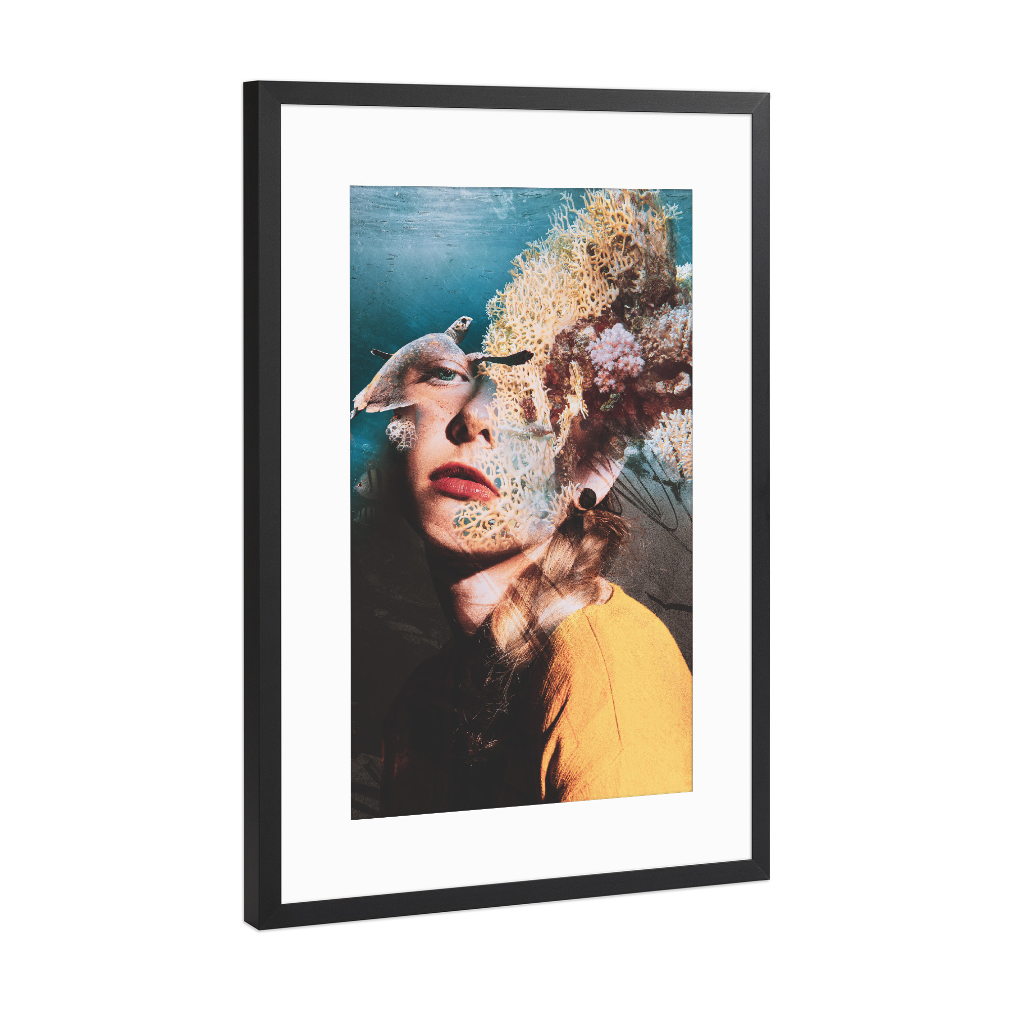 Poster mit Rahmen Schwarz (Metallic) "Girl and the Marine Life" artboxONE - Natur,Tiere,Menschen