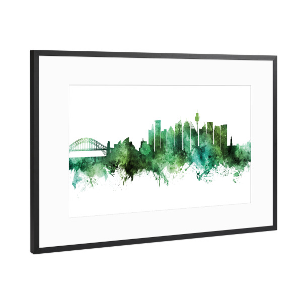 Poster mit Rahmen Schwarz (Metallic) "Sydney Australia Skyline Green" artboxONE - Städte,Städte / Sydney