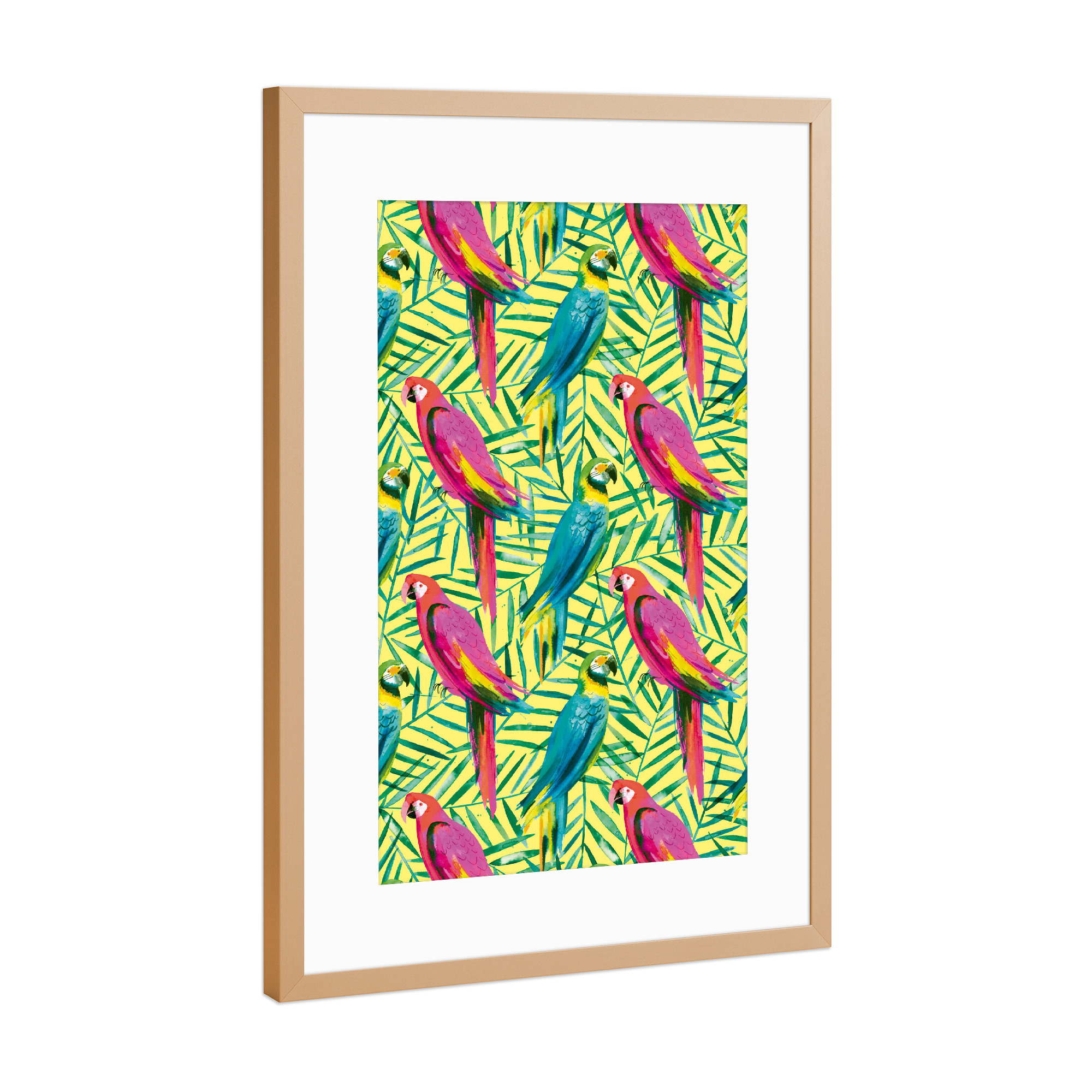 Poster mit Rahmen Kupfer "Tropical Parrots Palms" artboxONE - Natur,Tiere,Reise / Strand und Meer,Fashion,Lustig