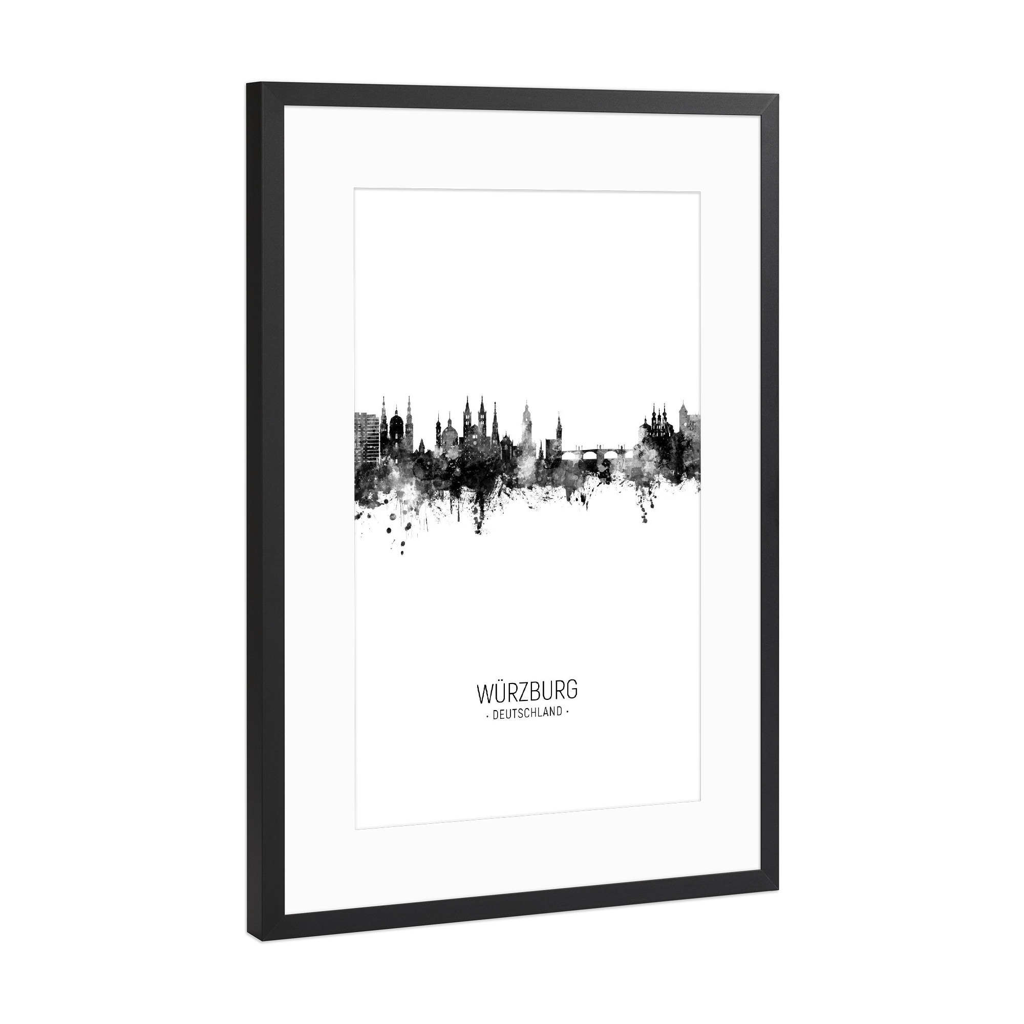 Poster mit Rahmen Schwarz (Metallic) "Würzburg Germany Skyline BW" artboxONE - Städte