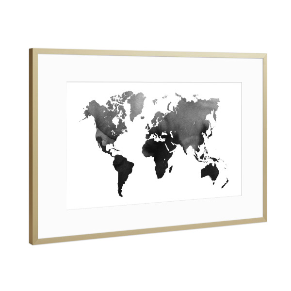 Poster mit Rahmen Gold "Weltkarte - Grautöne" artboxONE - Natur,Reise,Schwarzweiß,Kartografie