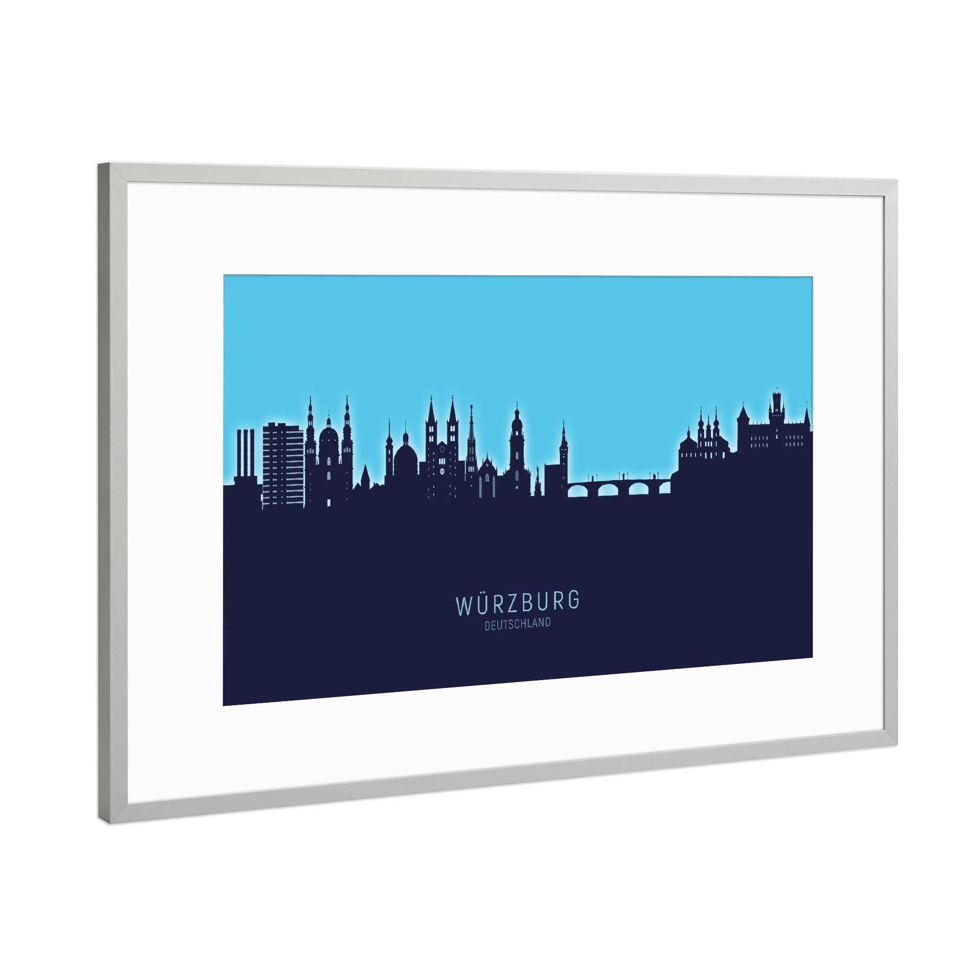 Poster mit Rahmen Silber "Würzburg Skyline Glow Blue" artboxONE - Städte